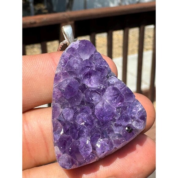 Amethyst Druzy Crystal Pendant Necklace Sterling Silver Chain - New Old Stock - Picture 6 of 8